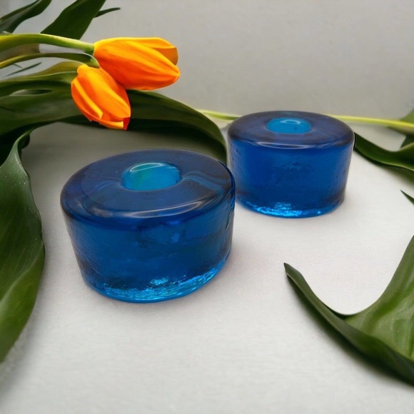 Unmarked Accents 2 Vintage Azure Blue Heavy Art Glass Round Taper